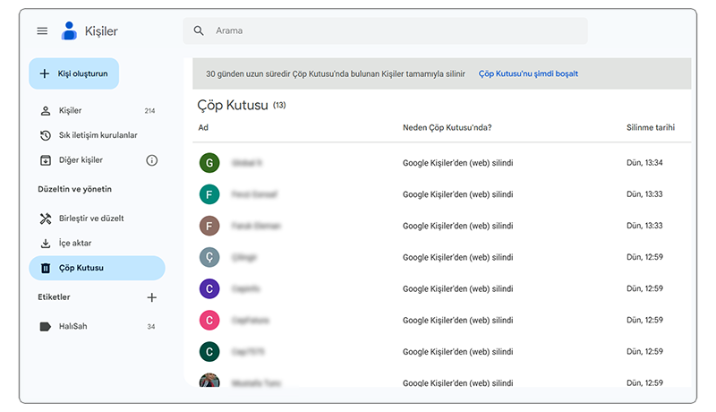 Google Kişilerde Çöp Kutusu Nerede